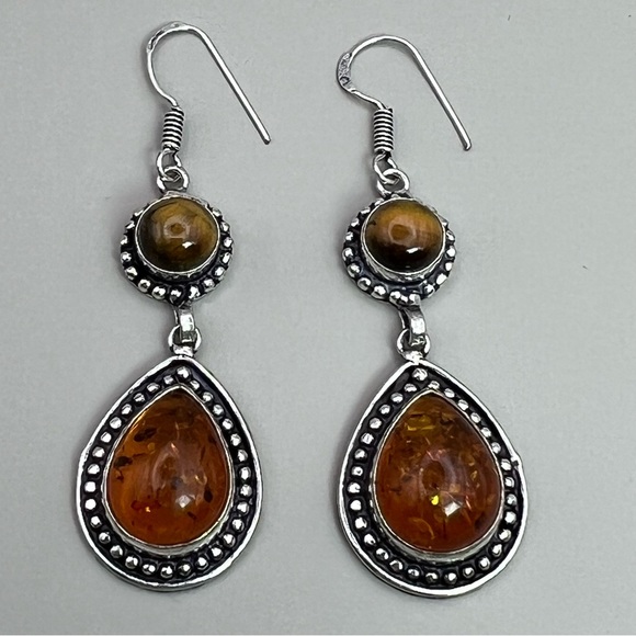 New Tigers Eye Gemstone with Sim Amber Silver Overlay Earrings - Picture 4 of 6